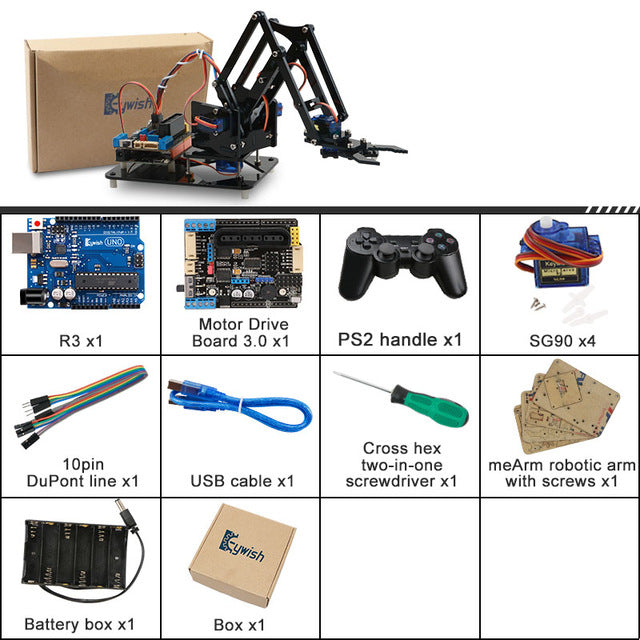 4DOF DIY Robot Arm Kit Educational Robotics Claw Set Mechanical Arm for Arduino R3,PS2/2.4G Wireless Control,Scracth Programming